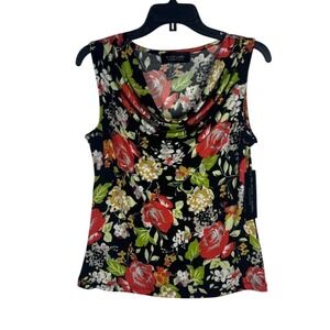 Black Label By Evan-Picone Blouse Women's Large Floral Cowl Neck‎ Sleeveless Top